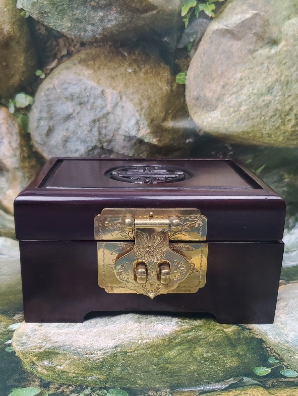 Vintage Rosewood Jewelry Box w/ Tradional Brass Lock Mechanism Red Silk Interior
